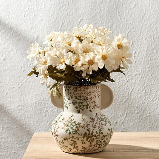 Green and Beige Vintage Pastoral Vase with Handle, 5.63 Inch Ceramic Cracked Chinoiserie Floral Vase, Antique Vases for Rustic Farmhouse Home Decor, Wedding, Living Room, Office, Shelf Decor