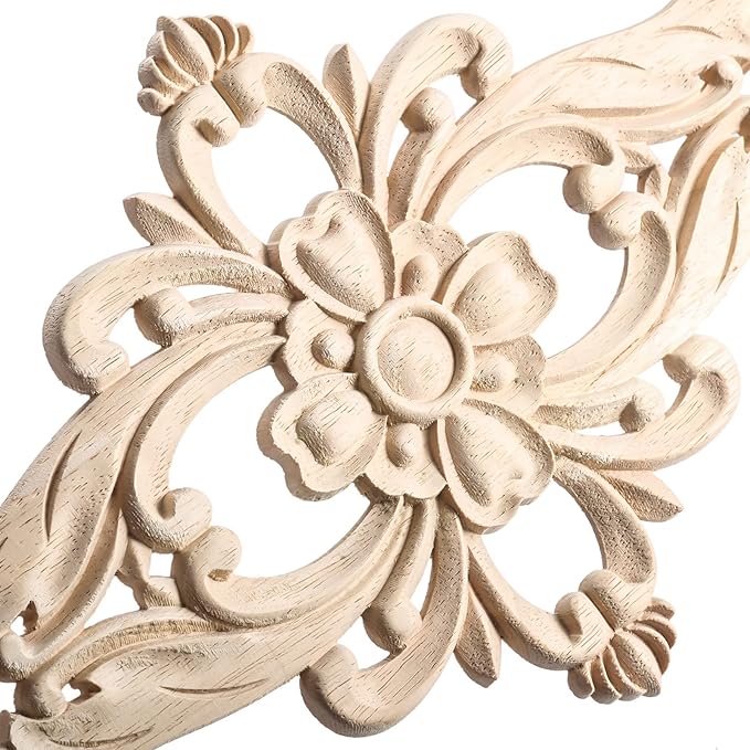 MUXSAM Wood Carved Appliques Furniture Decorative Onlays, 4Pcs Unpainted DIY Center Carving Decal for Door Wall Ceiling Cabinet Dresser Mirror Bed Mantel Bench Decoration, 20x10cm/7.8"x3.94"