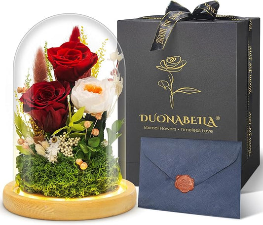 Forever Flowers Preserved Roses Prime Delivery for Women, Glass Dome Light Up Preserved Flowers, Christmas Anniversary Thanksgiving Gifts for Wife Girlfriend Women Best Friend Grandma(Red)