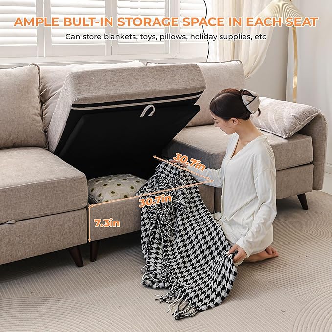 73'' Loveseat Sofa with Seats Storage, Modular Sectional Sofa with Movable Ottoman,Oversized Comfy Couches with Deep Seat,7.8'' Cushion,Couch for Living Room,Bedroom,Chenille,Khaki