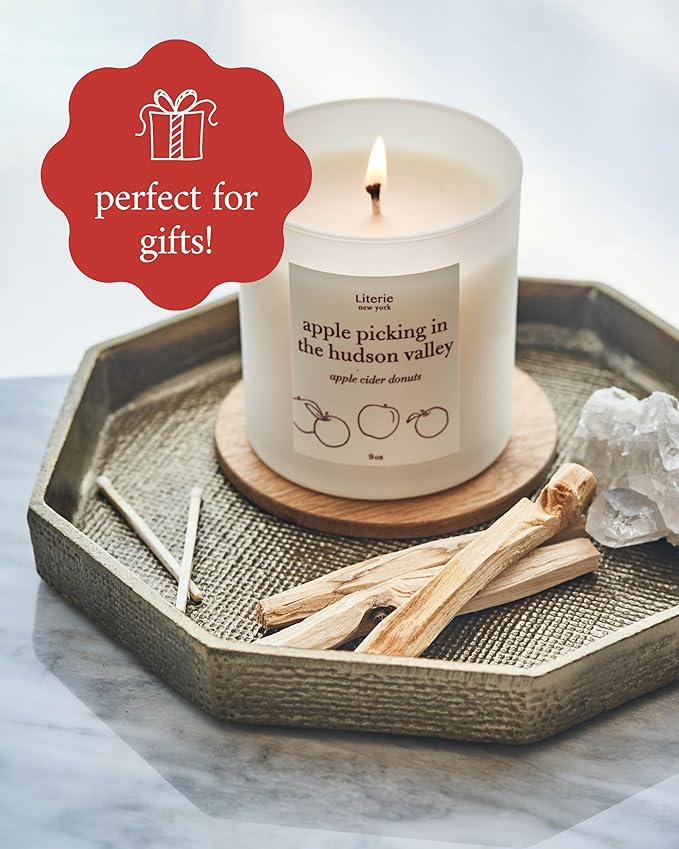 Literie NYC Inspired Scented Candle: Apple Picking in The Hudson Valley - Apple Cider Donuts Scented, 9oz, 50 Hour Burn, Vegan Soy & Coconut Blend Candle for Home Decor, Gift for Women & Men