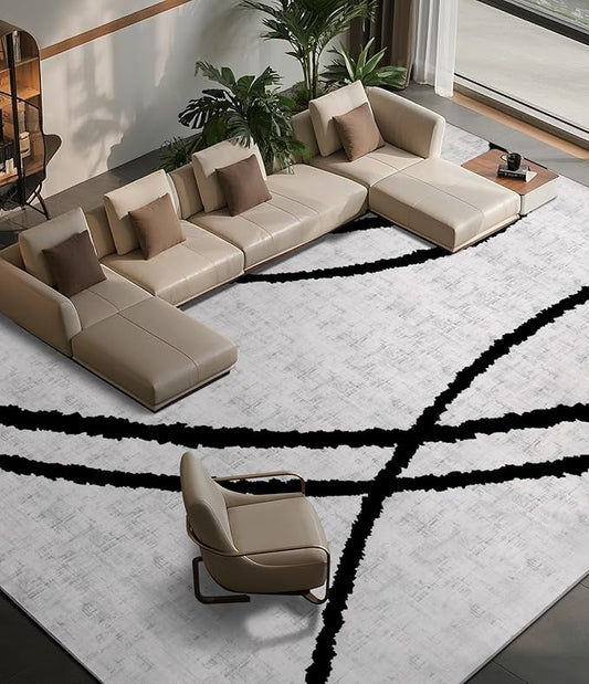 YIHOUSE Modern Area Rugs for Living Room, 9x12 Washable Black and White Rug, Thin Abstract Geometric Striped Rug, Area Rug for Bedroom,Kitchen,Dining Room,Office