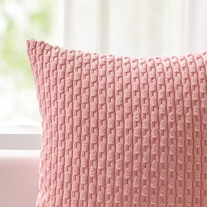 Kevin Textile Valentines Day Decorative Pillow Covers Set of 2 Striped Plush Corduroy Pillows Pillowcases Boho Home Decor Cushion Covers for Couch Sofa Bed Living Room 26x26 Inch, Dark Pink
