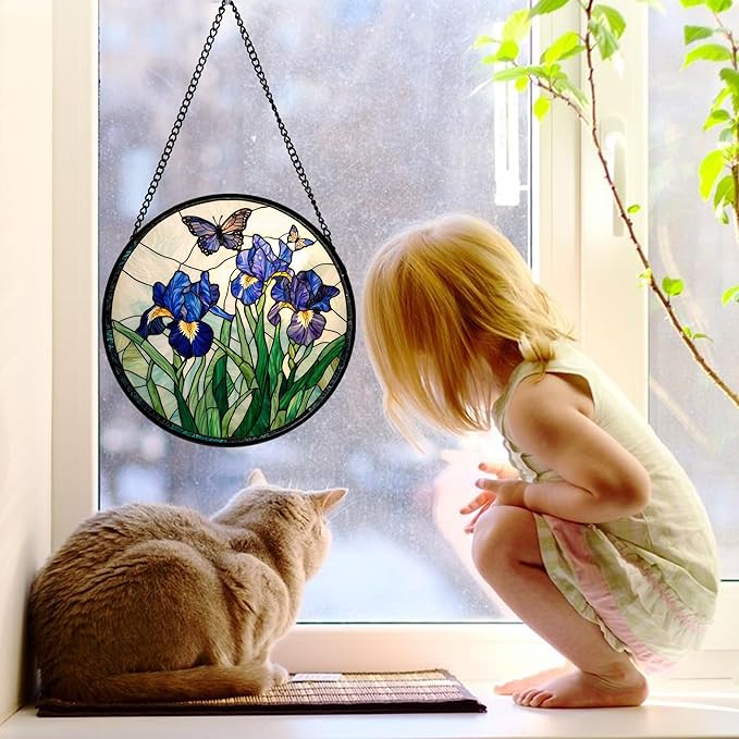 DASTOLL Stained Glass Window Hanging, Blue Purple Butterfly Flower Suncatcher Diamond Colorful Glass Panel Sun Catchers Decor for Birthday for Women, Men, Wife, Aunt, and Mom 15x15 in