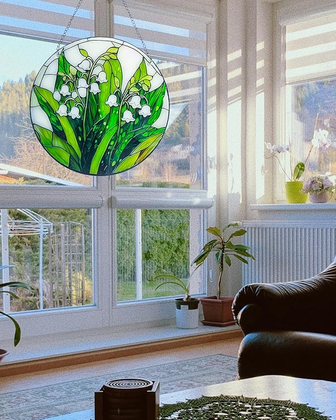 Stained Acrylic Window Hanging-Lily of The Valley Flower Plant Suncatcher for Window Doors Home Decoration,Christmas,Thanksgiving Day,Mother's Day Birthday Gift for Women,Men,and Mom(7.8In)