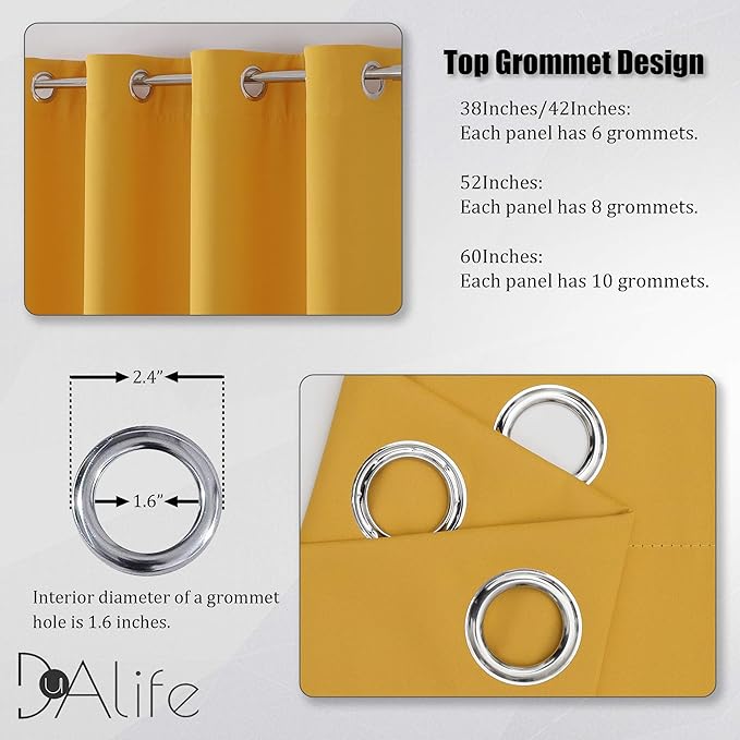 DUALIFE Yellow Curtains 45 Inches Long Blackout Curtain Panels for Bedroom Room Darkening Gold Window Drapes Thermal Insulated Grommet Top 52W x 45L,2 Panels
