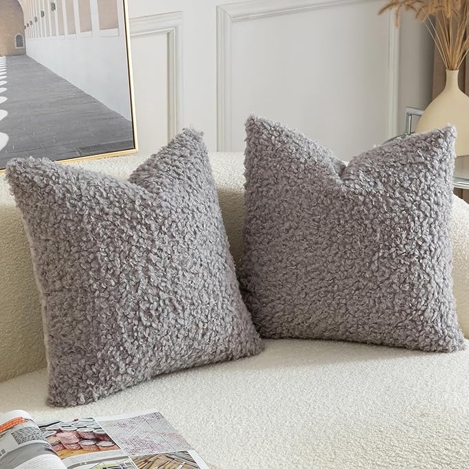 Yaertun Pack of 2 Faux Fur Throw Pillow Covers Decorative Sherpa Boucle Pillow Covers Fuzzy Soft Pillowcases Sheepskin Fleece Cushion Case for Couch Sofa Bed Living Room 22x22 Inch Light Grey