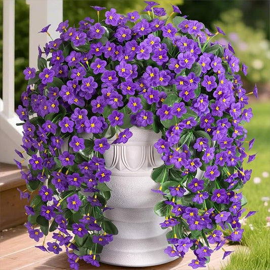 HyeFlora Artificial Faux Hanging Plants Flowers Vines for Outdoor Outside Winter Decoration, 2PCS Fake Silk Purple Daisy Mums UV Resistant Look Real Orchid Vine for Front Door Porch Planter Balcony
