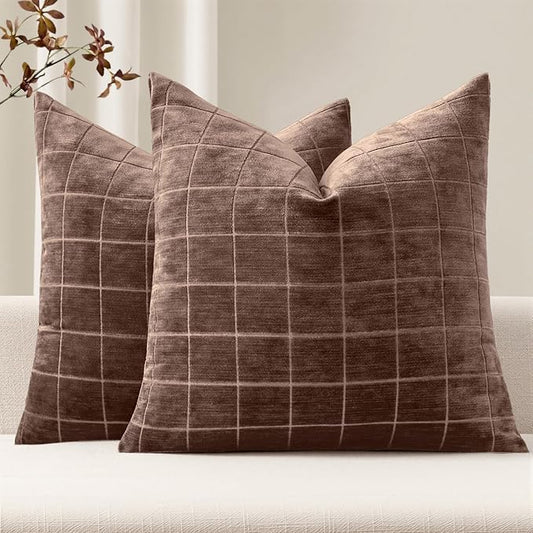MIULEE Decorative Chenille Check Throw Pillow Covers Vintage Plaid Couch Pillows 20x20 Inch Set of 2 Neutral Boho Farmhouse Cushion Covers Modern Home Decor for Sofa Bed Living Room Reddish Brown