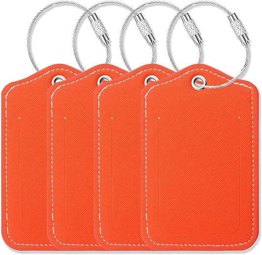 Luggage Tags for Suitcases-Leather Luggage Tag 4 Pack with Loops Cute Bag/Backpack/Suitcase Tags Travel Essentials for Flying (Orange)