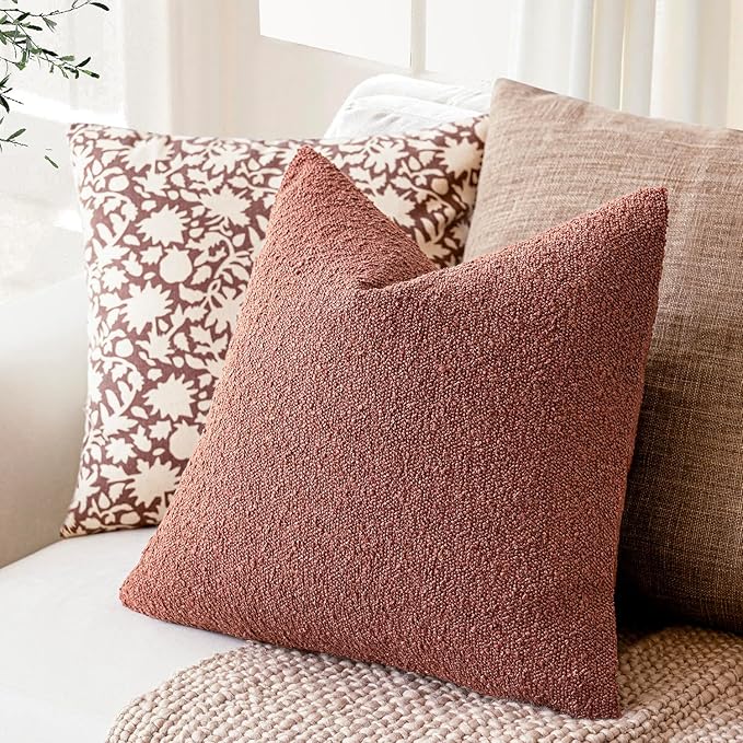 Foindtower Decorative Textured Boucle Throw Pillow Covers Accent Solid Pillow Cases Neutral Soft Cozy Couch Cushion Case for Chair Sofa Bedroom Living Room Home Decor 22x22 Inch,1PC,Orange Rust Red
