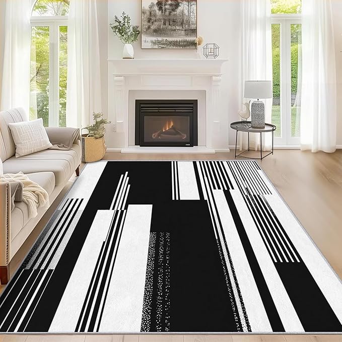 Black and White Stripe Rugs for Home Decor, 8x10 ft, Modern Stripes Area Rugs for Living Room, Soft Non Slip Washable Abstract Striped Carpet Bedroom Decorations Dt-Ghf-31