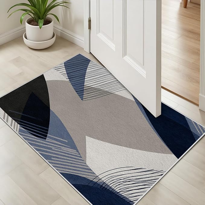 Abstract Art Line Living Room Area Rugs 5x8, Modern Boho Geometric Print Soft Rug, Minimalist Washable Non Slip Neutral Carpet for Bedroom, Dining Room Office Playroom, Navy Blue Gray