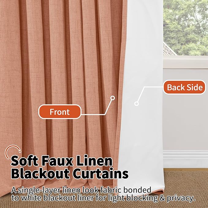 Lajode 60 Inch Wide Linen Blackout Fall Curtains for Bedroom, Terracotta Curtains 63 Inch Long 2 Panels, Total Black Out Thermal Insulated Energy Saving Boho Window Drapes, 60x63 Inch 2 Panels
