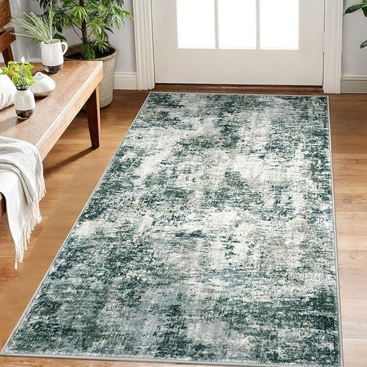 Modern Abstract Small Area Rug Indoor, Grey Green 3x5 Washable Rug Non-Slip Soft Entryway Rug Kitchen Mats Thin Print Faux Wool Floor Carpet Colorful Throw Rugs for Entrance Bedroom