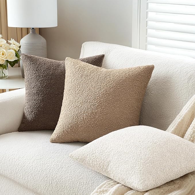 ANRODUO Pack of 2 Textured Boucle Throw Pillow Covers Soft White Euro Decorative Accent Solid Pillow Cases Cozy Modern Couch Cushion Case for Chair Sofa Bedroom Living Room Home Decor, 22 x 22 Inch