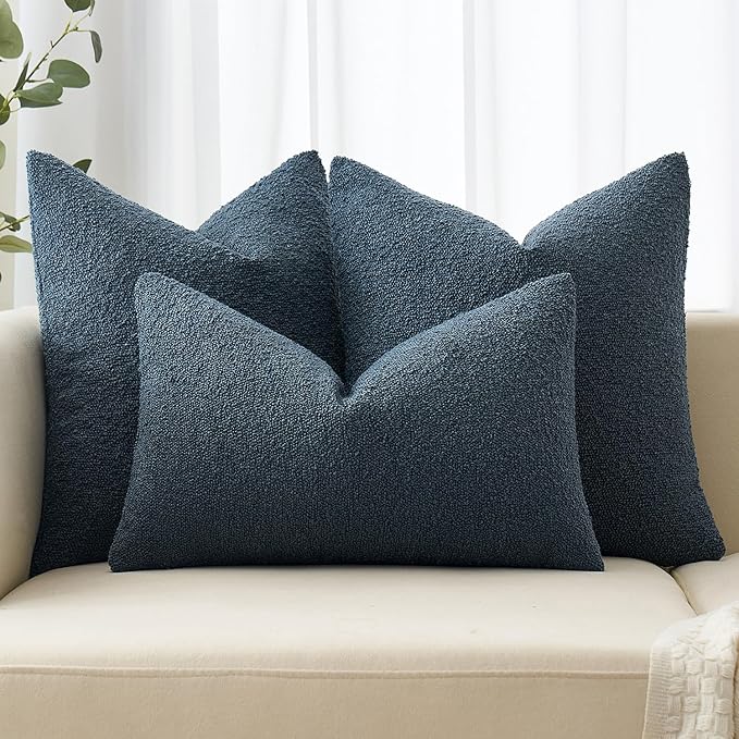 MIULEE 24x24 Decorative Euro Sham Throw Pillows for Bed Set of 2 Textured Boucle Neutral Winter Throw Pillow Covers Dark Blue Accent Solid Couch Pillowcases Sofa Livingroom Home Decor