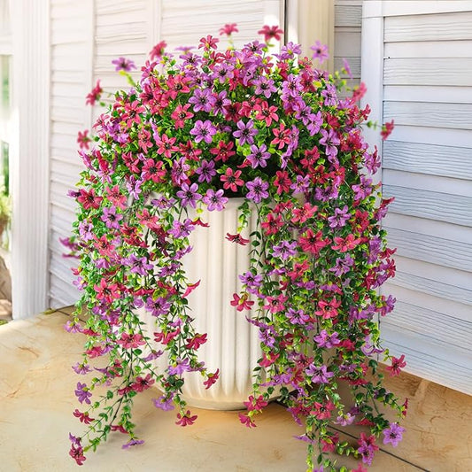Artificial Hanging Flowers for Outdoors, 2 Pcs Fake Hanging Plant Spring Summer Decor, UV Resistant No Fade Realistic Faux Flower for Front Door Porch Planter Patio Garden Yard(Light Purple Red)