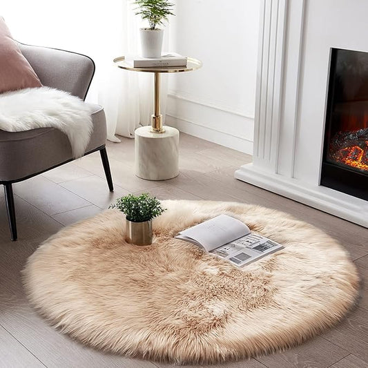 SERISSA Soft Round Faux Sheepskin Fur Area Rug Beige Circle Fluffy Rugs Circular Shaggy Rug Plush Circle Carpet Play Mats for Kids Girls Room Princess Castle Christmas, 5ft Diameter