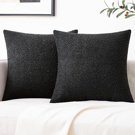 Mixhug Decorative Boucle Throw Pillow Covers, Black, 20 x 20 Inches, Pack of 2 - Textured Boho Pillow Covers for Couch and Bed