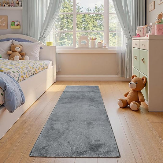 jinchan Solid Plush Runner Rug 2x6 Performance Shaggy Washable Hallway Rug Soft Modern Faux Wool Cozy Non Slip Carpet for Bedroom Laundry Room Living Room Kids Nursery Grey