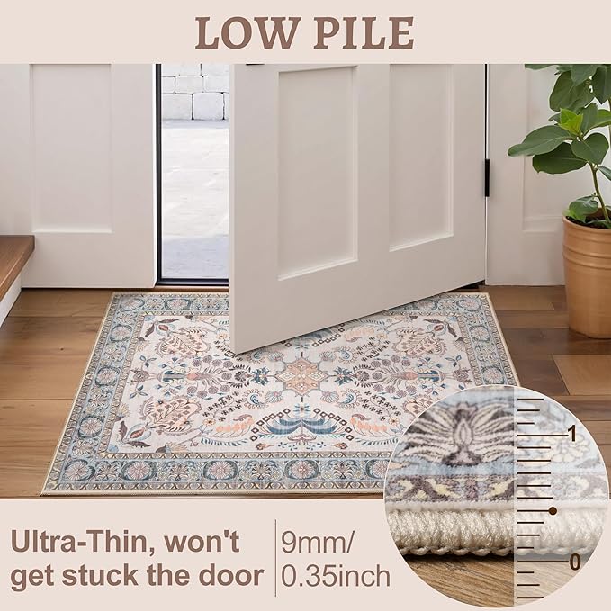 Tangsoo 5x7 Washable Area Rug, Non Slip Boho Floral Rug for Living Room Bedroom, Vintage Neutral Soft Low Pile Floor Indoor Carpet for Bathroom Office Laundry Kid & Pets Friendly Home Decor