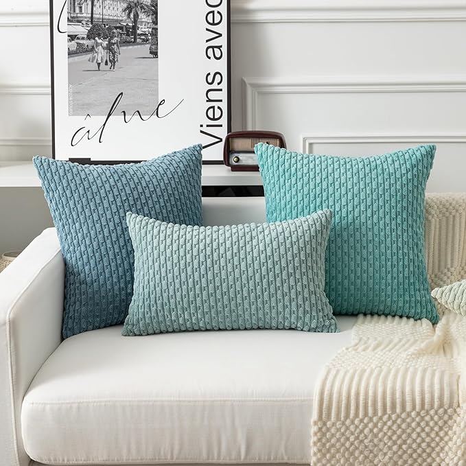 Kevin Textile Throw Pillow Covers Soft Corduroy Decorative Set of 2 Boho Striped Pillow Covers Pillowcases Farmhouse Home Decor for Couch Bed Sofa Living Room 12x20 Inch Dusty Green
