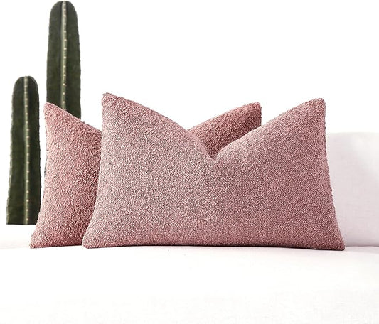 Boucle Decorative Lumbar Pillow Covers for Couch Set of 2, 12x20 inches, Pink
