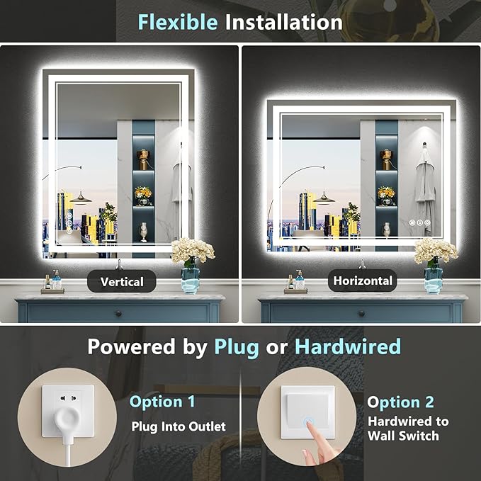 40x28 LED Bathroom Mirror with Lights, Backlit + Front Lit, Anti-Fog Lighted Vanity Mirror for Bathroom Wall, 3 Colors, Dimmable, Memory, HD Tempered Glass, Shatter-Proof, Horizontal/Vertical