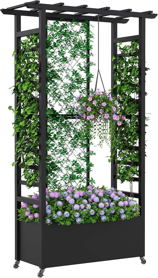 Raised Garden Bed with Trellis & Hanging Roof, Weatherproof Metal Planter Box with Wheels, Garden Arch Trellis for Outdoor Climbing Plants Vines Flowers, 74" H x 44" L x 17" W, Black