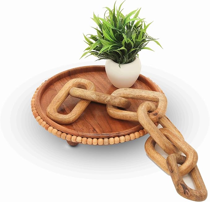 Boho Wooden Link Decor for Coffee Object for Coffee Table & Shelf Knot Sculpture, Farmhouse Rustic Shelf Natural Wood Chain Links for Living Room, Entryway, Console,Office Home Accent