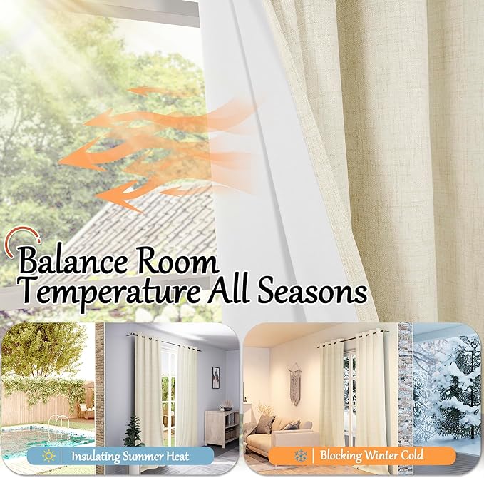 Lajode Cream Blackout Curtains for Living Room 90 Inch Length 2 Panels Set, Thermal Insulated Light Blocking Faux Linen Curtains for Bedroom, Bronze Grommet Boho Window Drape Each 52" Wide