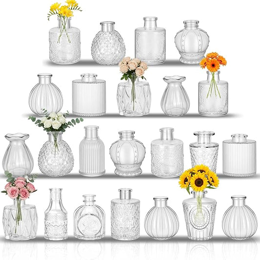 Glass Bud Vases in Bulk Set of 23, Transparent Clear Small Mini Glass Vases for Centerpieces, Vintage Vase for Flowers,Wedding, Table Decor, Baby Shower, Christmas, Home and Events
