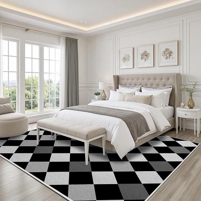 Black and White Rug 3x4, Rhombus Geometric Soft Ultra Soft Faux Wool Low Pile Rug, Indoor Floor Mats Carpet, Non-Slip Stain Resistant Washable Rugs, Modern Abstract Checkered Rugs for Living Room