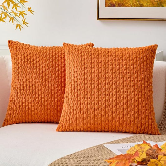 Kevin Textile Fall Pack of 2 Corduroy Decorative Throw Pillow Covers 16x16 Inch Soft Boho Striped Pillow Covers Modern Farmhouse Home Decor for Spring Sofa Living Room Couch Bed Orange