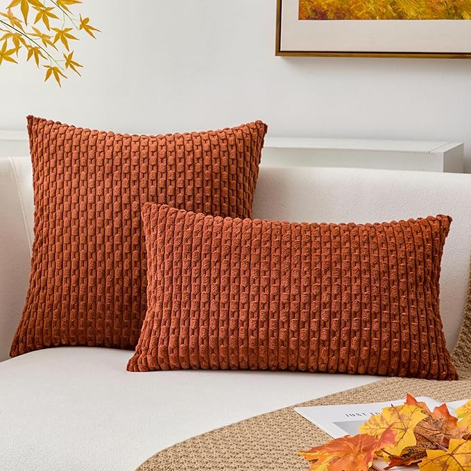 Kevin Textile Fall Throw Pillow Covers Soft Corduroy Decorative Set of 2 Boho Striped Pillow Covers Pillowcases Farmhouse Home Decor for Couch Bed Sofa Living Room 24x24 Inch Rust Brown
