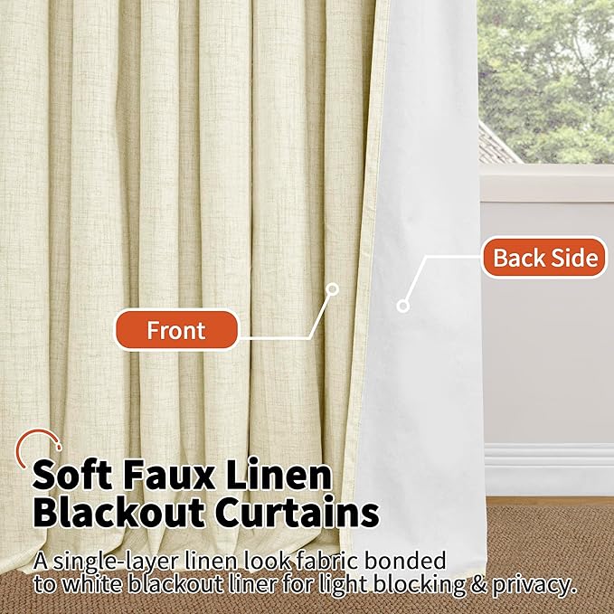 Lajode Cream 100% Blackout Curtains for Bedroom 63 Inch Length 2 Panels, Thermal Insulated Complete Light Blocking Noise Reducing Linen Window Curtains for Nursery, Bronze Grommet, Each 52" Wide