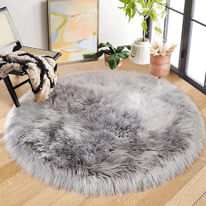 Silver Grey Furry Faux Sheepskin Shag Fur Rugs for Living Room Small Plush Circle Washable Area Rugs for Cute Room Nursery Decor Round Rug 3ft