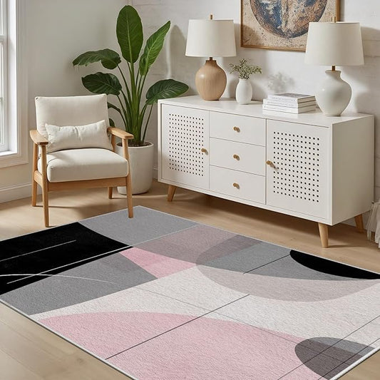 Abstract Art Line Living Room Area Rugs 3x5, Modern Boho Geometric Print Rug, Minimalist Washable Non Slip Neutral Soft Carpet for Bedroom, Dining Room Office Playroom, Black Gray