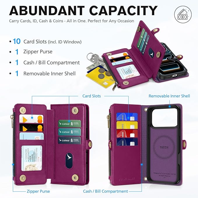TUCCH Crossbody Detachable Wallet Case for iPhone 17 Pro Max 6.9", 10 Card Holders RFID Blocking, Wireless Charging, Stand Wrist Strap, Lanyard, Zipper Pocket, PU Leather Shockproof Cover, Plum Purple