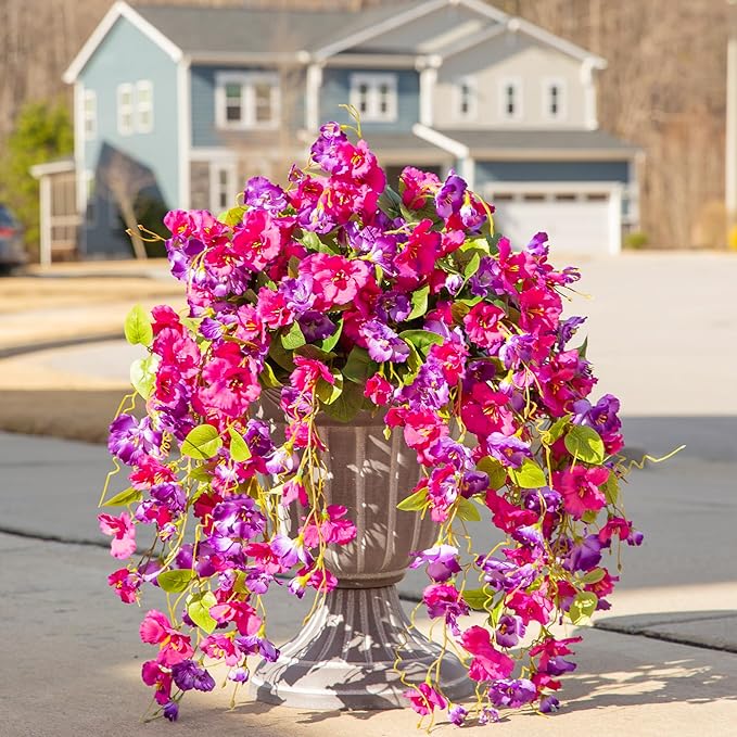 Fake Hibiscus Artificial Hanging Flowers Plants for Outdoors Spring Decoration, 2pcs Silk Hibiscus Vines Realistic UV Resistant Purple Faux Flowers for Outside Planter Porch Patio Yard Wedding Party