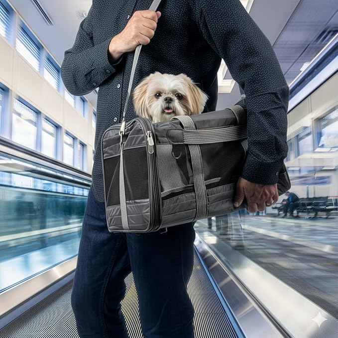 Sherpa Pet Carrier Airline Approved with Spring Wire Frame - Cat & Dog Carrier for In-Cabin Travel, Mesh Ventilation, Locking Zippers - Charcoal Grey, Large