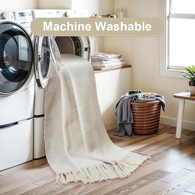 Collive Washable Area Rug 3' x 5', Modern Woven Kitchen Rugs, White/Beige Braided Cotton Rug Indoor Door Mat Throw Carpet for Entryway Living Room Nursery Mudroom Laundry Room
