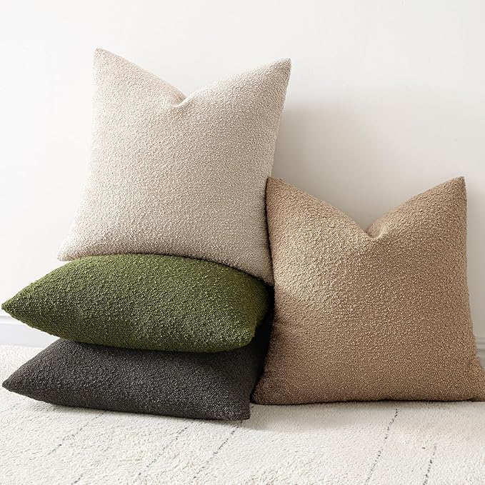 Woaboy Pack of 2 22x22 Inch Decorative Boucle Throw Pillow Covers Textured Square Pillowcaes Accent Euro Solid Cozy Soft Cushion Covers Home Decor for Sofa Couch Living Room Home Decor,Neutral