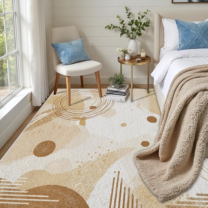 Minimalist Abstract Area Rug 7x10 Beige Boho, Modern Washable Geometric Art Carpet, Soft Non-Slip Low-Pile Carpet for Living Room, Bedroom, Kitchen, Dining Room, Pet Friendly, Non-Shedding, Brown