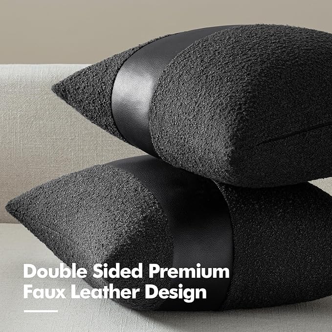 MIULEE Boucle Throw Pillow Covers 18x18 Inch Set of 2 Black Faux Leather Textured Decorative Pillow Cases Boho Farmhouse Accents Cushion Covers for Couch Bed Livingroom Home Decor
