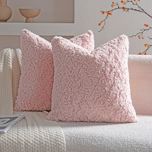 Neelvin Set of 2 Faux Fur Throw Pillow Covers 22x22 Inch Pink Cozy Soft Solid Decorative Pillowcases Thick Plush Sheepskin Cushion Case for Chair and Couch Sofa Bedroom