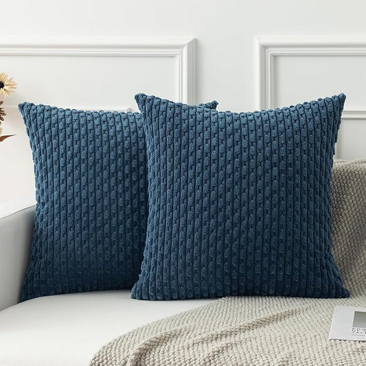 Kevin Textile Pack of 2 Blue Corduroy Decorative Throw Pillow Covers 24x24 Inch Soft Boho Striped Pillow Covers Modern Farmhouse Home Decor for Autumn Sofa Living Room Couch Bed