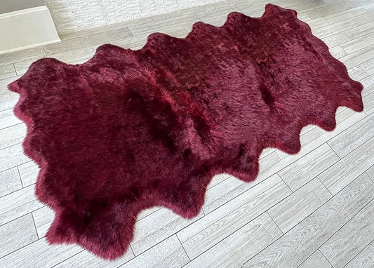 Free Shape Luxury Soft Fluffy Shag Area Rug Duo Decto 12 Pelts 6'x12', 180x360cm - Vegan Fur Ultra Soft Indoor Carpet Nursery Rugs for Bedroom Home Decor, Burgundy