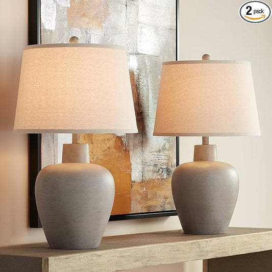 Regency Hill Glenn Rustic Country Cottage Style Table Lamps 27" Tall Set of 2 Southwest Urn Neutral Fabric Drum Shade Decor for Living Room Bedroom House Bedside Nightstand Home Office